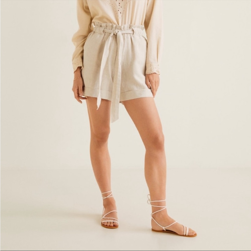 MNG MANGO Beige Linen High Waisted Paperbag Shorts - Picture 3 of 5